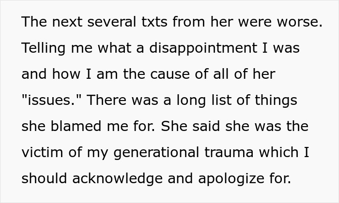 Text excerpt showing a man receiving a demanding apology from his daughter for generational trauma in their conversation.