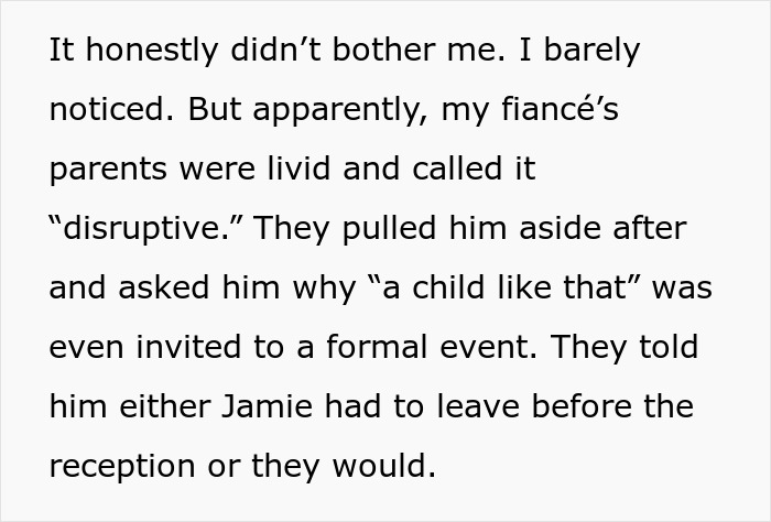 Text excerpt discussing groom’s parents calling bride self-centered for not removing autistic nephew from event. Text excerpt discussing groom’s parents calling bride self-centered for not removing autistic nephew from event.