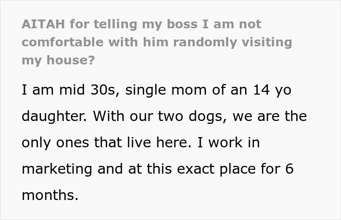 Text from a single mom uncomfortable after boss keeps popping up at her home, discussing her situation and speaking up. Text from a single mom uncomfortable after boss keeps popping up at her home, discussing her situation and speaking up.