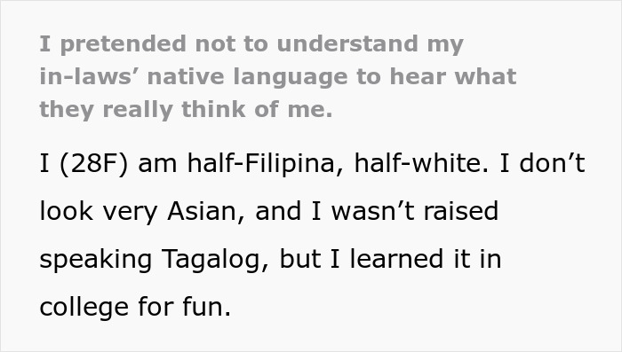 Text excerpt showing a woman sharing how she pretended not to understand her in-laws’ language to discover their true feelings. Text excerpt showing a woman sharing how she pretended not to understand her in-laws’ language to discover their true feelings.