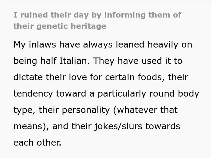 Text excerpt about inlaws and genetic heritage, discussing cultural identity, body type, personality, and family jokes. Text excerpt about inlaws and genetic heritage, discussing cultural identity, body type, personality, and family jokes.