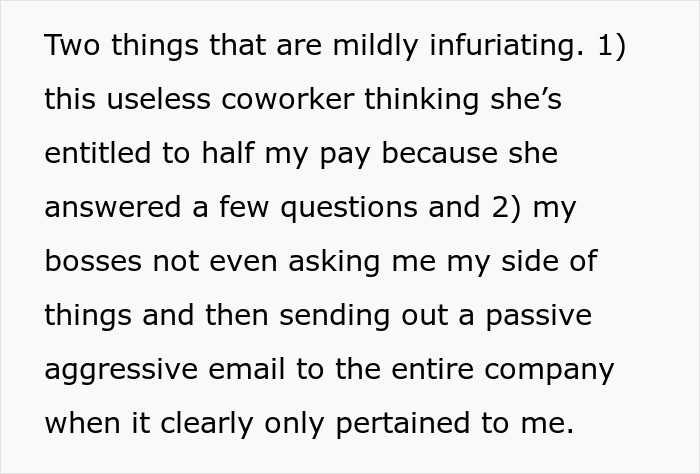 Text showing frustration with a lazy worker demanding half of coworker’s commission for minimal help in a work setting.