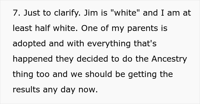 Text excerpt discussing ancestry and DNA test results while addressing concerns about skin color and family background. Text excerpt discussing ancestry and DNA test results while addressing concerns about skin color and family background.