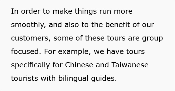 Text excerpt from a tour company explaining group-focused tours for Chinese and Taiwanese tourists with bilingual guides.