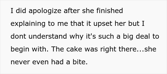 Text excerpt about wife upset after husband devours her week-old birthday cake, causing anger and apology. Text excerpt about wife upset after husband devours her week-old birthday cake, causing anger and apology.
