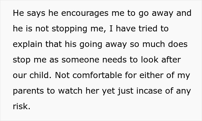 Text excerpt about a man canceling his girlfriend’s plans for a cycle trip instead of watching his daughter. Text excerpt about a man canceling his girlfriend’s plans for a cycle trip instead of watching his daughter.