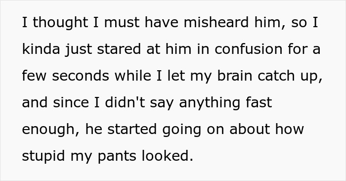 Text describing a boomer complaining about stranger’s pants and reacting with shock to his unexpected response. Text describing a boomer complaining about stranger’s pants and reacting with shock to his unexpected response.