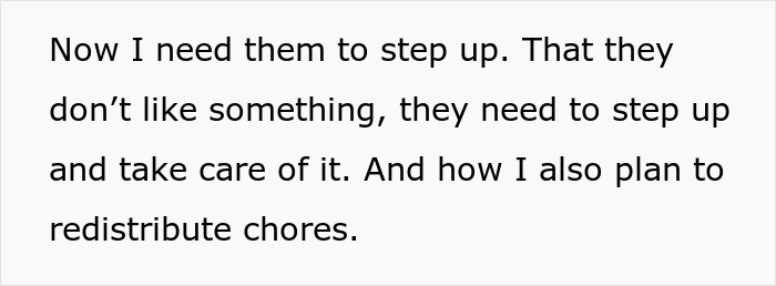 Text showing a student working mom addressing family complaints and planning to redistribute chores at home.