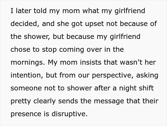 Text discussing a man's confusion over his girlfriend not visiting in the mornings and the resulting drama with his mom. Text discussing a man's confusion over his girlfriend not visiting in the mornings and the resulting drama with his mom.