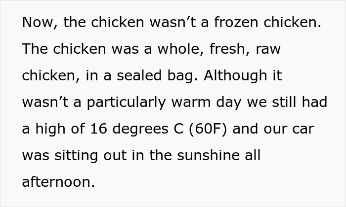 Text describing a raw chicken left in a sealed bag in a car trunk for hours on a warm day, raising biohazard concerns. Text describing a raw chicken left in a sealed bag in a car trunk for hours on a warm day, raising biohazard concerns.