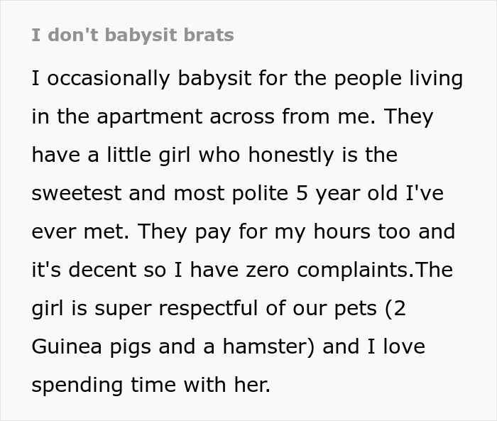 Text excerpt about a neighbor refusing to babysit undisciplined brat causing a conflict with the kid’s mom. Text excerpt about a neighbor refusing to babysit undisciplined brat causing a conflict with the kid’s mom.