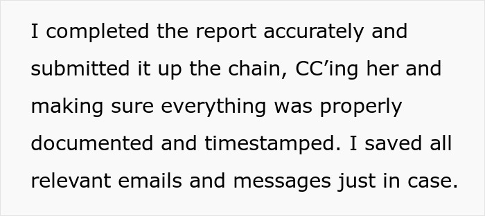 Text excerpt about completing a report accurately and saving emails, related to boss’ request to fudge data consequences. Text excerpt about completing a report accurately and saving emails, related to boss’ request to fudge data consequences.