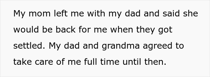 Text about a mom leaving a child with dad and grandma who agree to share parents kid care and parenting duties full time. Text about a mom leaving a child with dad and grandma who agree to share parents kid care and parenting duties full time.