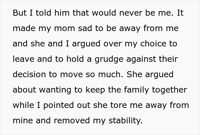 Text excerpt discussing family conflict over relocating and holding grudges, highlighting family drama and stability issues. Text excerpt discussing family conflict over relocating and holding grudges, highlighting family drama and stability issues.