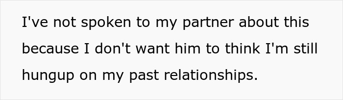 Text excerpt about woman revisiting past breakup, expressing reluctance to discuss past relationships.