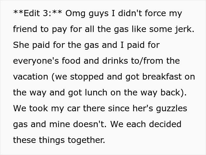 Text message discussing payment details for gas and food during a vacation meant for four causing a rift among travelers. Text message discussing payment details for gas and food during a vacation meant for four causing a rift among travelers.