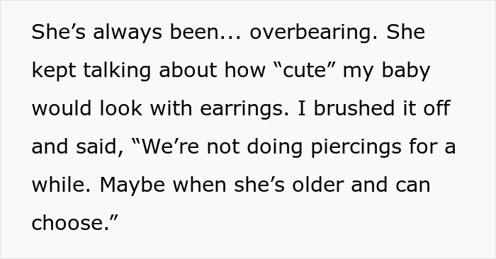 Text excerpt showing a mom describing her overbearing aunt pushing for unlicensed ear piercing on her baby with gold studs visible. Text excerpt showing a mom describing her overbearing aunt pushing for unlicensed ear piercing on her baby with gold studs visible.