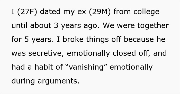Text excerpt describing a woman’s past relationship with her ex and emotional challenges before co-parenting request. Text excerpt describing a woman’s past relationship with her ex and emotional challenges before co-parenting request.