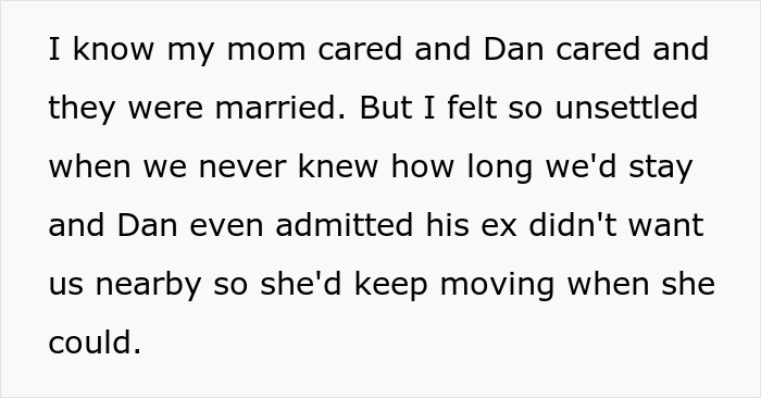 Text excerpt showing a personal story about feeling unsettled due to relocating and family tensions with a stepsister. Text excerpt showing a personal story about feeling unsettled due to relocating and family tensions with a stepsister.