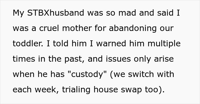 Text excerpt from a mom explaining issues during ex’s custody weeks and finally involving daycare to call CPS after repeated no-shows. Text excerpt from a mom explaining issues during ex’s custody weeks and finally involving daycare to call CPS after repeated no-shows.