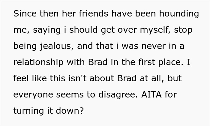 Text excerpt discussing a woman’s conflict with friends after asking them to cut off a guy, leading to relationship drama.