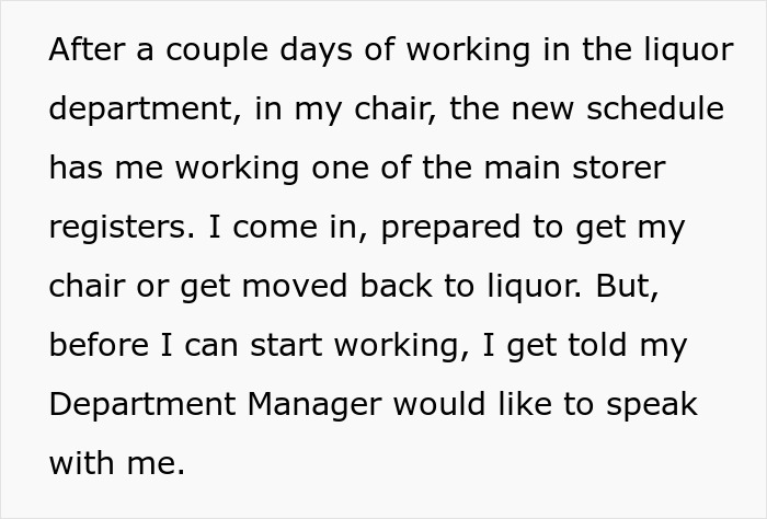 Text excerpt showing a disabled employee preparing for shift, facing an ableist manager refusing accommodations.