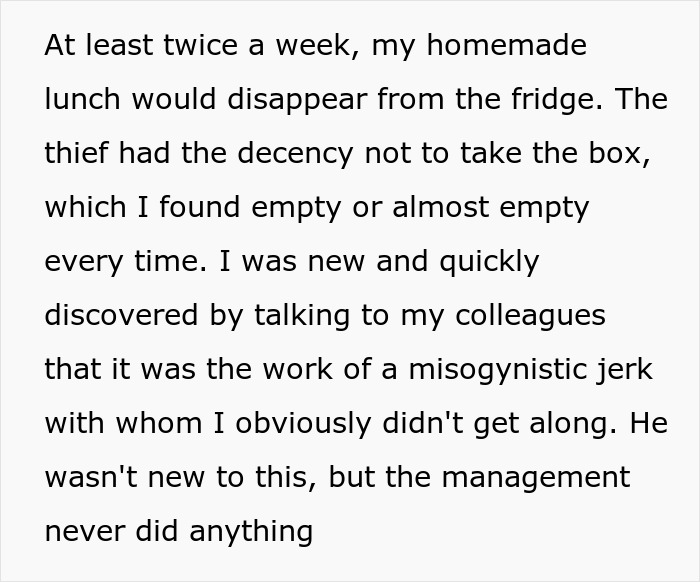 Woman shares story of adding menstrual blood to food to stop theft of homemade lunch at work.