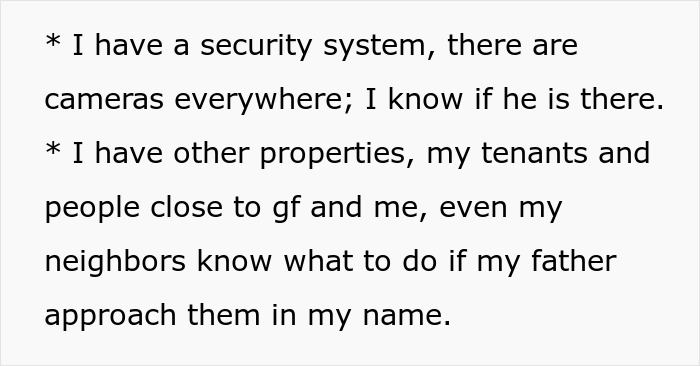 Text describing a security system and precautions taken as father and son lock horns over house lock changes and police involvement. Text describing a security system and precautions taken as father and son lock horns over house lock changes and police involvement.