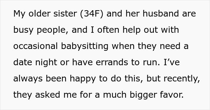Text excerpt explaining a busy couple shamelessly planning a vacation and expecting their childfree sister to babysit their three kids for seven days. Text excerpt explaining a busy couple shamelessly planning a vacation and expecting their childfree sister to babysit their three kids for seven days.