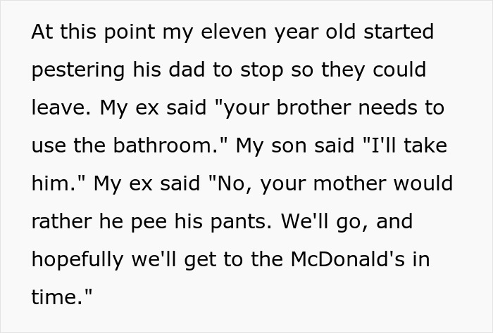 Text excerpt about a lady refusing her ex's stepkid bathroom use, suspecting he wants to snoop. Text excerpt about a lady refusing her ex's stepkid bathroom use, suspecting he wants to snoop.