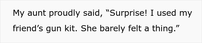 Text snippet showing aunt admitting to using unlicensed ear piercing gun kit during baby visit, causing mom to flip out. Text snippet showing aunt admitting to using unlicensed ear piercing gun kit during baby visit, causing mom to flip out.
