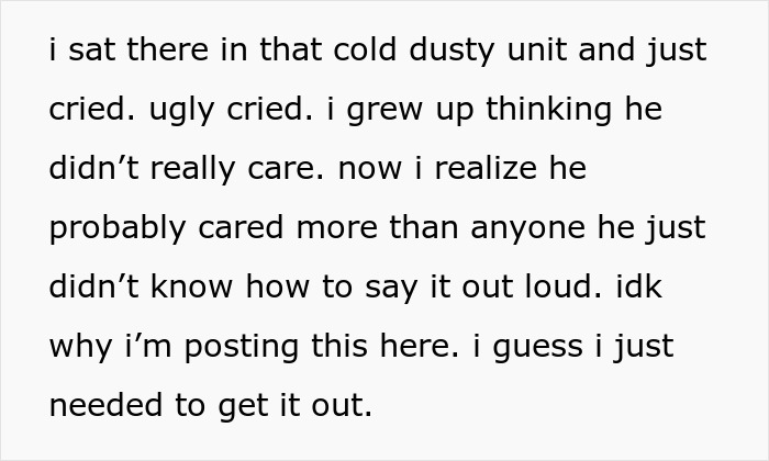 Emotional reflection inside a cold dusty storage unit left by dad, revealing hidden care and changing perspective forever.