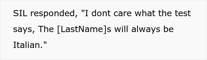 Text showing a conversation disputing genetic heritage information about family origin with inlaws. Text showing a conversation disputing genetic heritage information about family origin with inlaws.