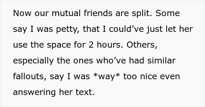 Text discussing a lady ditching bestie for wannabe influencer and the fallout over studio party use refusal. Text discussing a lady ditching bestie for wannabe influencer and the fallout over studio party use refusal.
