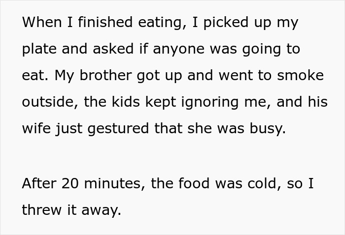 Text excerpt showing family’s entitled behavior leading to hunger and frustration after being ignored at the dining table.