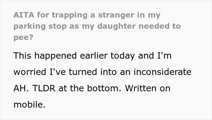 Text discussing a woman blocking a couple’s private parking space and her aggressive reaction when trapped. Text discussing a woman blocking a couple’s private parking space and her aggressive reaction when trapped.