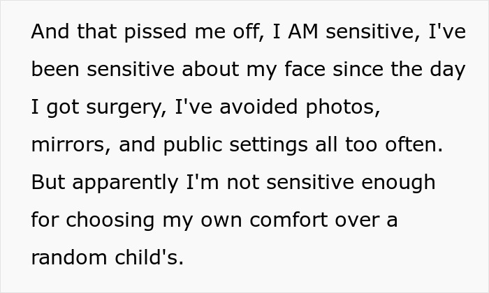 Text excerpt from a cancer survivor explaining sensitivity about their face and comfort after surgery. Text excerpt from a cancer survivor explaining sensitivity about their face and comfort after surgery.