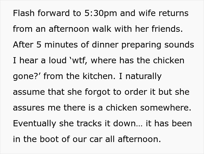 Text describing a wife discovering raw chicken left in the car trunk all afternoon, causing hygiene concerns. Text describing a wife discovering raw chicken left in the car trunk all afternoon, causing hygiene concerns.