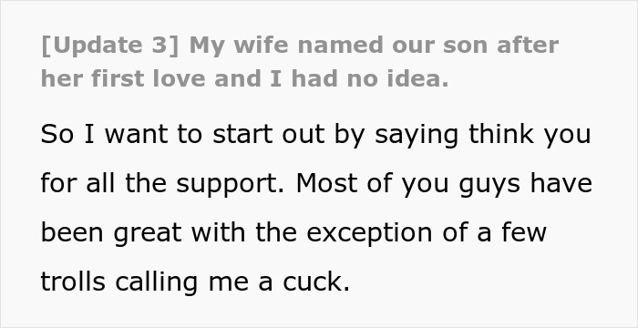 Text excerpt from a husband feeling sick after realizing who their son is named after in a personal story update. Text excerpt from a husband feeling sick after realizing who their son is named after in a personal story update.