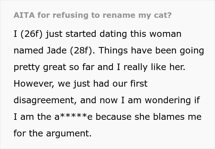 Text post about a woman furious her partner won't rename their cat, referencing her traumatic childhood. Text post about a woman furious her partner won't rename their cat, referencing her traumatic childhood.