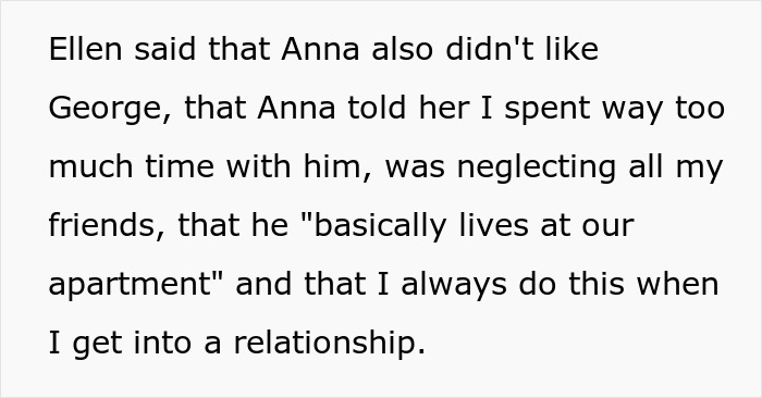 Text showing a best friend sabotaging a relationship by criticizing time spent with boyfriend and neglecting friends.