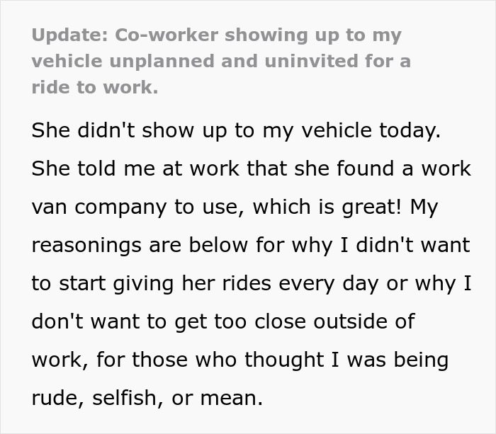 Text update about coworker demanding unplanned rides, explaining reasons for not wanting frequent rides or closer relationship.
