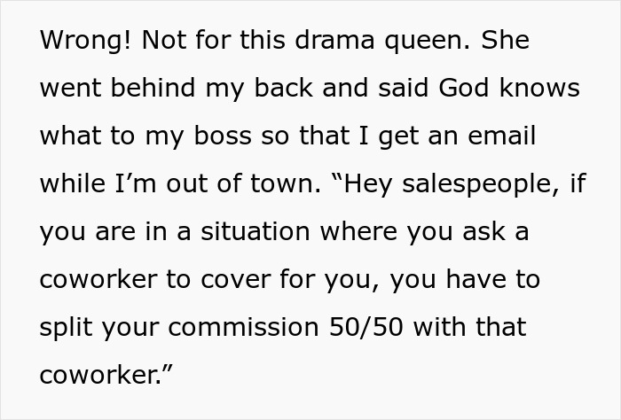 Text message discussing a lazy worker demanding half of coworkers commission for minimal one hour help at work.