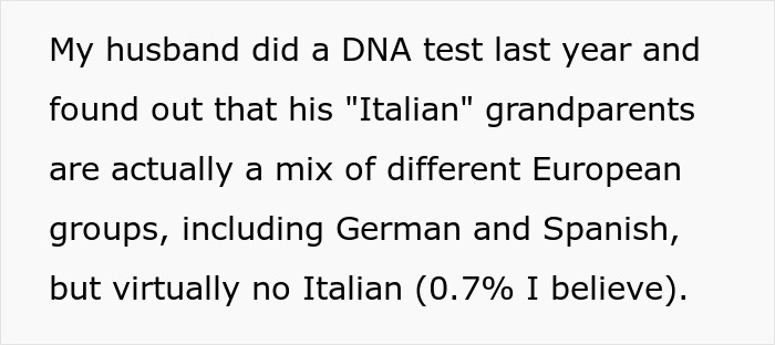 Text describing genetic heritage information with inlaws revealing unexpected DNA test results. Text describing genetic heritage information with inlaws revealing unexpected DNA test results.
