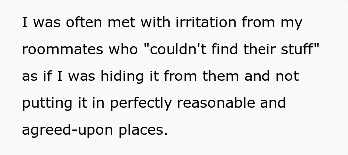 Text of a college student explaining roommate irritation over misplaced belongings and the impact of their only female roommate getting petty. Text of a college student explaining roommate irritation over misplaced belongings and the impact of their only female roommate getting petty.