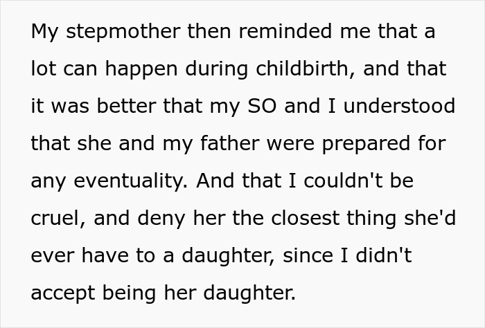 Text excerpt about stepmother reminding about childbirth challenges and her disturbed mental health concerning stepdaughter’s baby. Text excerpt about stepmother reminding about childbirth challenges and her disturbed mental health concerning stepdaughter’s baby.