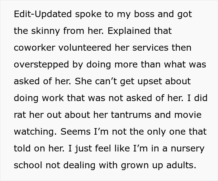 Text excerpt discussing a lazy worker doing the bare minimum and demanding half of a coworker's commission for minimal help.