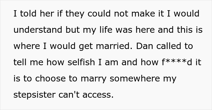 Text message discussing a guy refusing to relocate his wedding despite his disabled stepsister's access needs, causing family drama. Text message discussing a guy refusing to relocate his wedding despite his disabled stepsister's access needs, causing family drama.
