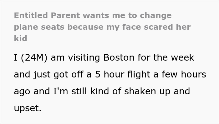 Cancer survivor asked to move from plane seat because he scared an entitled parent's child during flight. Cancer survivor asked to move from plane seat because he scared an entitled parent's child during flight.
