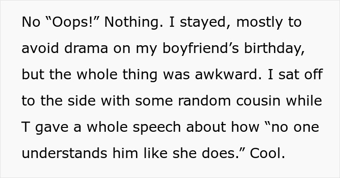 Text from a personal account describing awkwardness when a guy’s female best friend excludes his girlfriend from a surprise birthday party. Text from a personal account describing awkwardness when a guy’s female best friend excludes his girlfriend from a surprise birthday party.